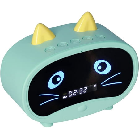 Digital Alarm Clock Speaker, Cartoon Cat Alarm Clock with Temperature Display,Dual Alarm Clock,Bluetooth Speaker Radio,Hands Free Call for Bedroom Office(Green)