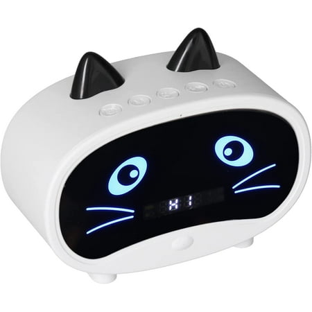 Digital Alarm Clock Speaker, Cartoon Cat Alarm Clock with Temperature Display,Dual Alarm Clock,Bluetooth Speaker Radio,Hands Free Call for Bedroom Office(white)