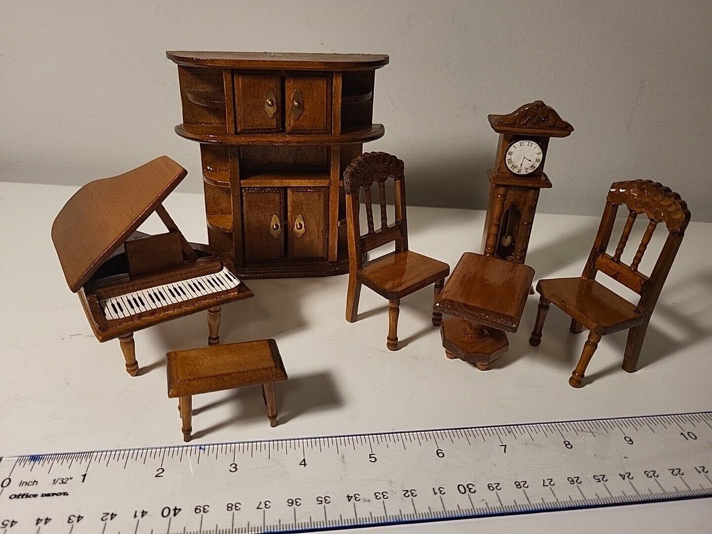 Dollhouse Wooden Furniture Piano Grandfather Clock Chairs Table China Cabinet