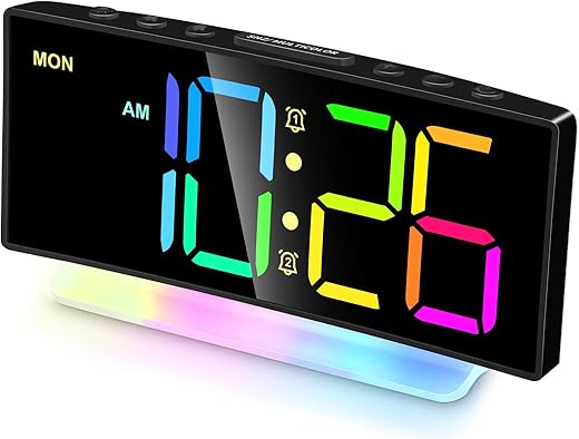 Cadmos Extra Loud Alarm Clock for Heavy Sleepers Adults,Teens,Kids,Rainbow Clock for Bedrooms,Small Bedside Digital Clock with Large Display,7 Color Night Light,12/24h(Black+Dynamic)