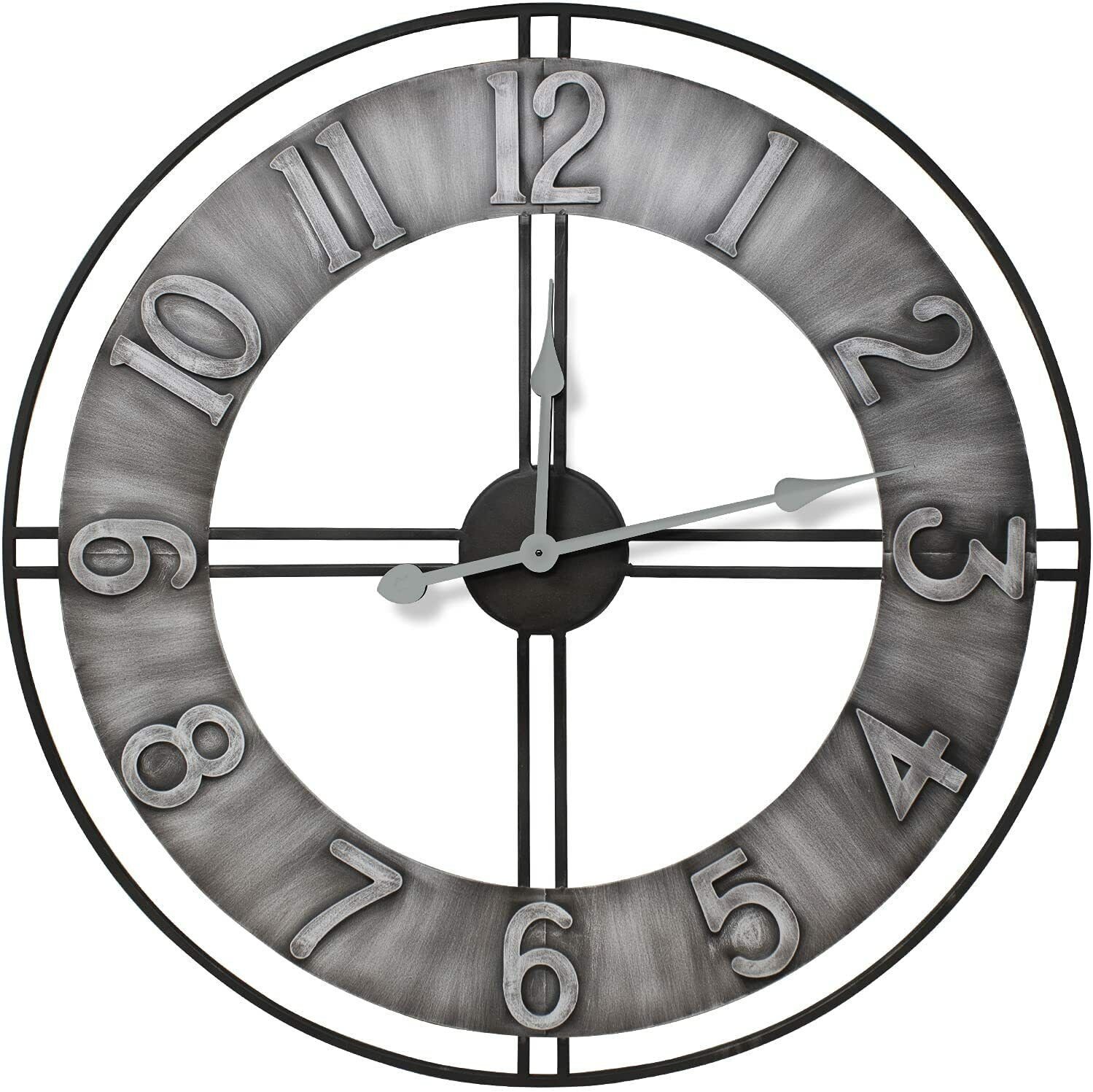 Grey Large 24" Oversized Distressed Finish Style Wall Clock, Modern Rustic - NEW