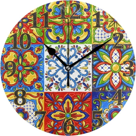 GZHJMY Mexican Talavera Ceramic Tile Round Wall Clock, Battery Operated Silent Non Ticking Desk Clock for Home Bedroom Kitchen Office School Decor Wall Clock 9.9Inch