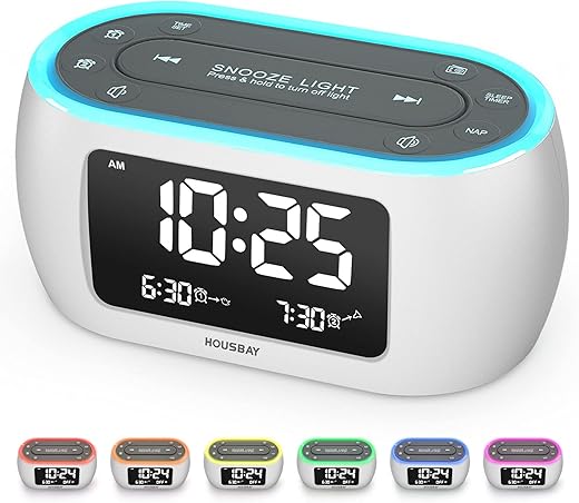 HOUSBAY Glow Small Alarm Clock Radio for Bedrooms with 7 Color Night Light, Dual Alarm, Dimmer, USB Charger, Battery Backup, Nap Timer, FM Radio with Auto-Off Timer for Bedside（White）