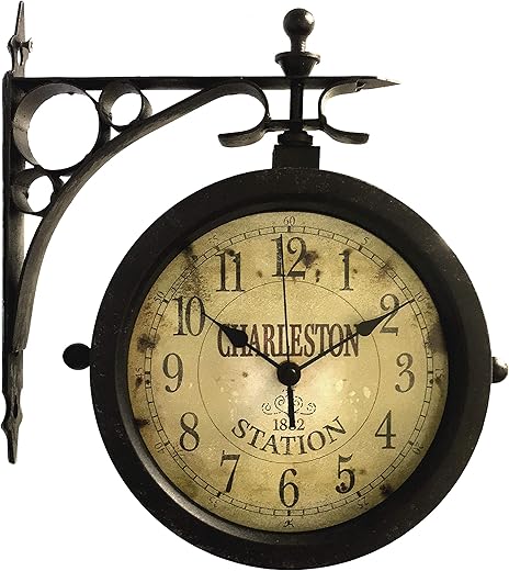 Infinity Instruments Charelston Metal Outdoor Clock, Waterproof Double Sided Train Station Clock & Thermometer