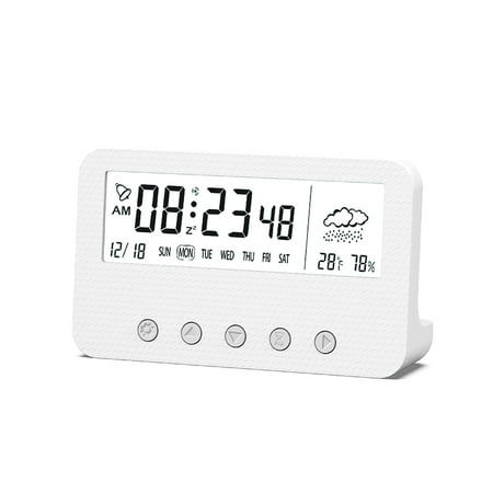 Linyer Living Room Desktop Digital Alarm Clock Plastic Timer Calendar Temperature Humidity Meter Low Noise Home Supplies White Type 1