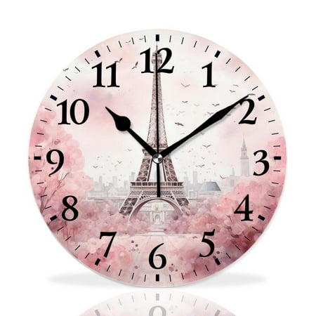 MEOSLZUT 10 inch Round Wall Clock,Eiffel Tower Rose Flower Vintage Elegant Design,Silent Non Ticking Wall Clocks for Living Room Kitchen Bedroom