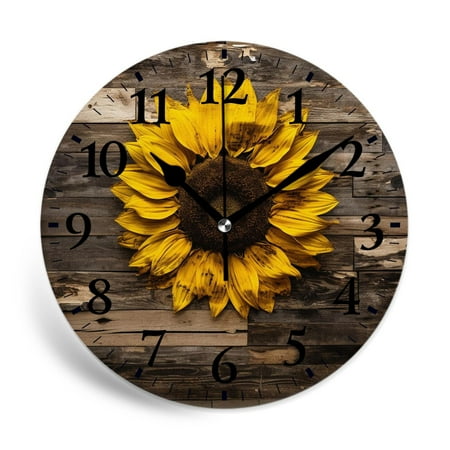 MEOSLZUT 10 inch Round Wall Clock,Yellow Sunflower Brown Burlap Lovely,Silent Non Ticking Wall Clocks for Living Room Kitchen Bedroom