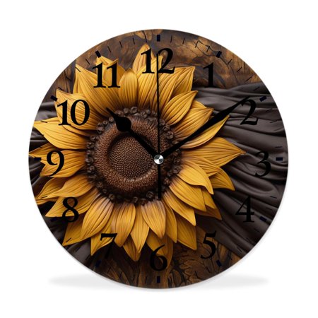 MEOSLZUT 10 inch Round Wall Clock,Yellow Sunflower Brown Burlap on Wooden Style,Silent Non Ticking Wall Clocks for Living Room Kitchen Bedroom