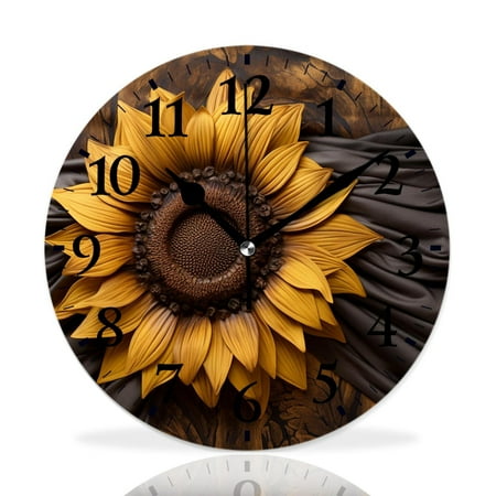 MEOSLZUT 10 inch Round Wall Clock,Yellow Sunflower Brown Burlap on Wooden Style,Silent Non Ticking Wall Clocks for Living Room Kitchen Bedroom