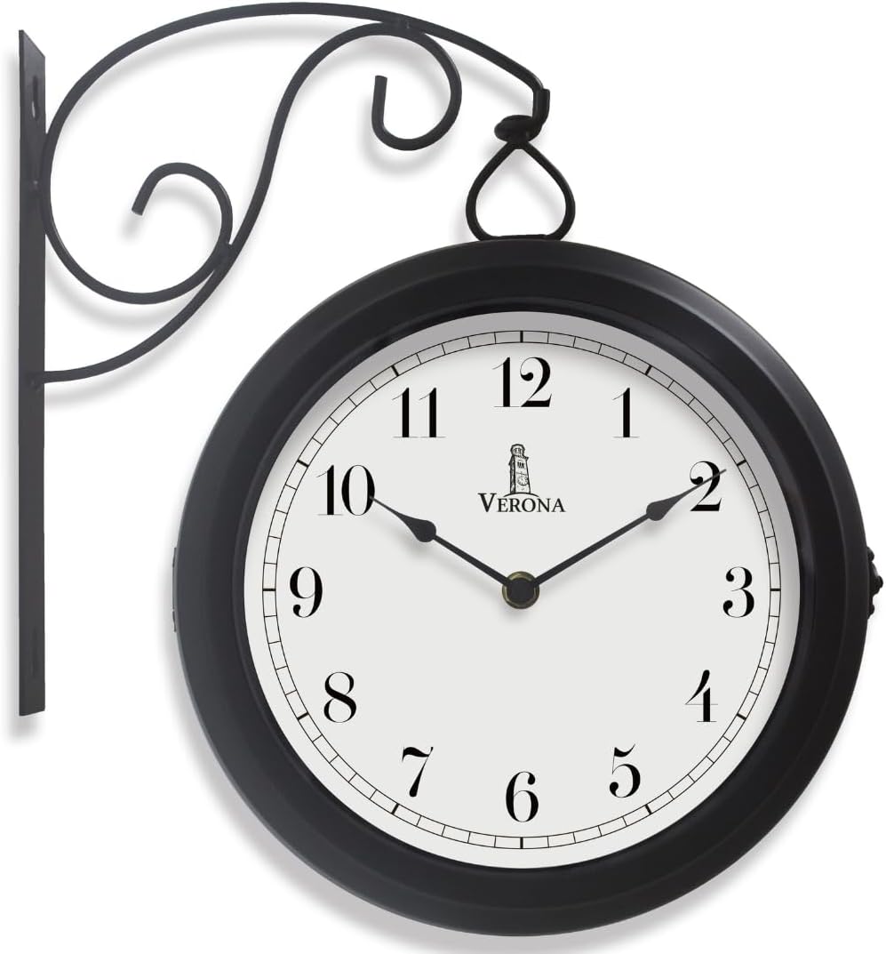 Metal Double Sided Wall Clock 10" - Decorative Indoor Outdoor Double Sided Clock - Easy to Read, Hanging Train Station Style for Patio, Garden, Office & More - Antique Style Outside Corner Wall Decor