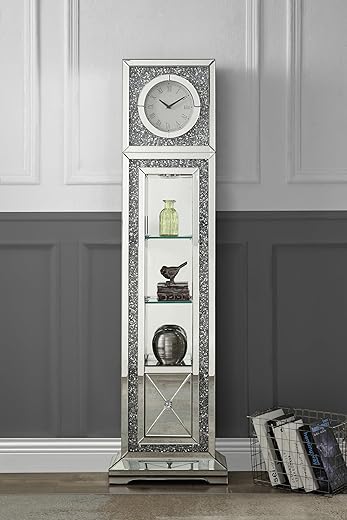 Mirrored Floor Clock with Glass Shelves, LED Lights and Faux Diamonds, Curio Cabinet Style Grandfather Clock with Storage and Door for Home Decor