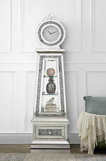 Mirrored Floor Clock with Glass Shelves, LED Lights and Faux Diamonds, Curio Display Cabinet Style Grandfather Clock with Storage for Home Decor