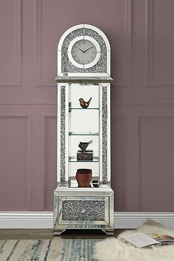 Mirrored Grandfather Clock with Display Shelves, LED Lights and Faux Diamonds, Curio Cabinet Style Floor Clock with Storage Drawer for Home Decor