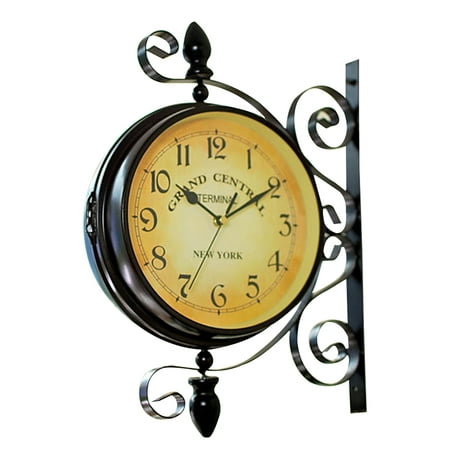 NUOLUX Vintage Double Sided Wall Clock Iron Silent Quiet Station Wall Clock Art Clock Decorative Double Faced Wall Clock 360 Degree Rotate Antique Wall Clock