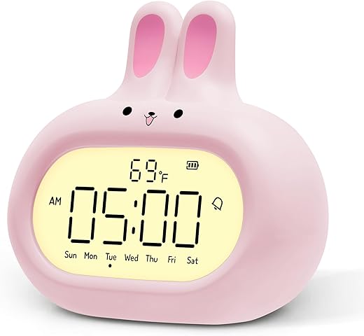 Rabbit Digital Alarm Clock with Day of Week Display, Cute Design Bunny Look, Easy Setting, Snooze, Night Light, Thermometer, Rechargeable, Kawaii Decor for Bedroom, Bedside, Adult, Kid, Gift, Pink