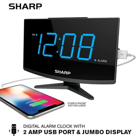 SHARP Digital Alarm Clock Large Display FastCharge 2 Amp USB Modern Design Blue LED Digital Display