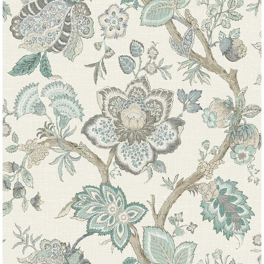 Summer Sky and French Blue Bernadette Jacobean Paper Unpasted Nonwoven Wallpaper Roll...
