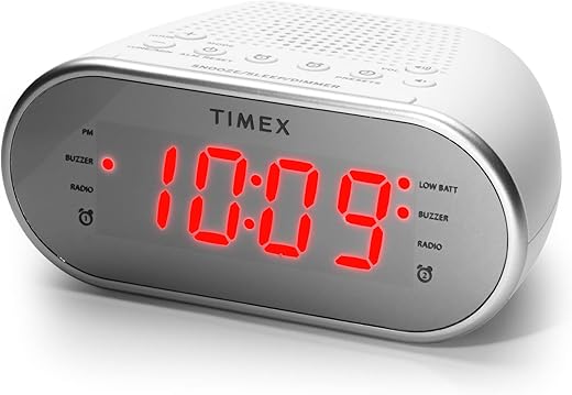 Timex Alarm Clock with AM/FM Radio and 20 Station Presets, Digital Clock Radio with Dual Alarms, Programmable Timer, Snooze, Aux Speaker, and Adjustable Volume Switch (T2312W)