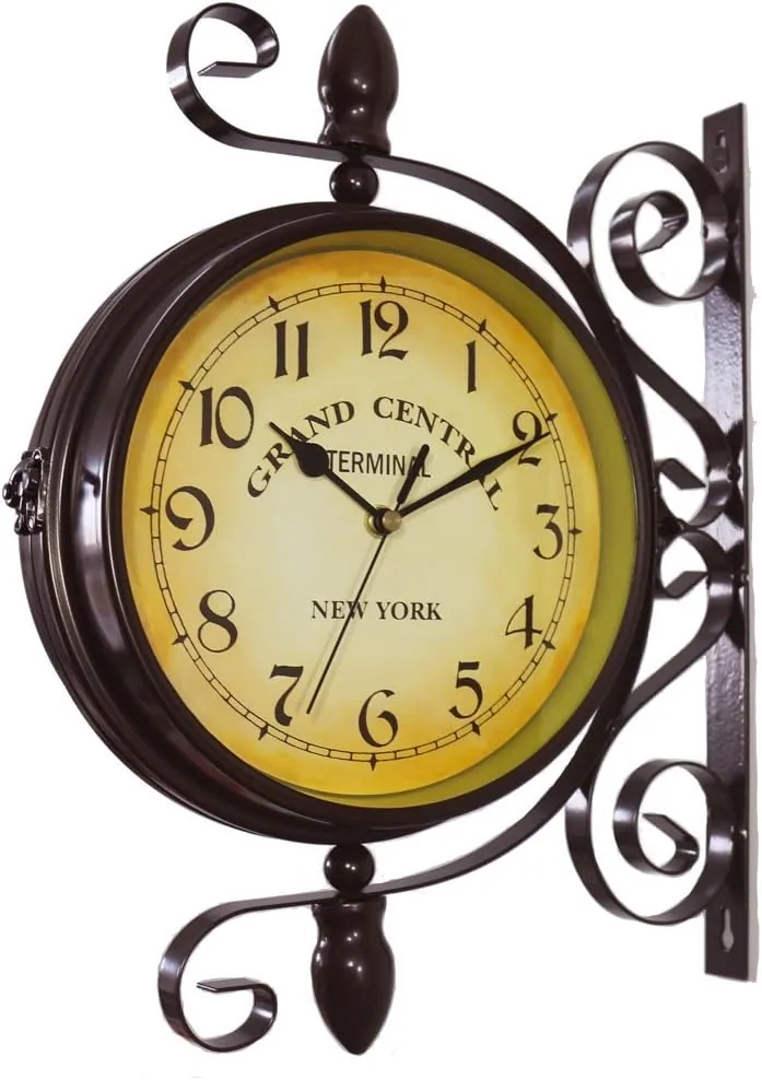 Vintage Double Sided Wall Clock, Iron Metal, Silent, 360 Degree Rotate, Dark Brown Color, 13 3/4(H) x 10 3/4(W) x 3 3/8(Thickness)