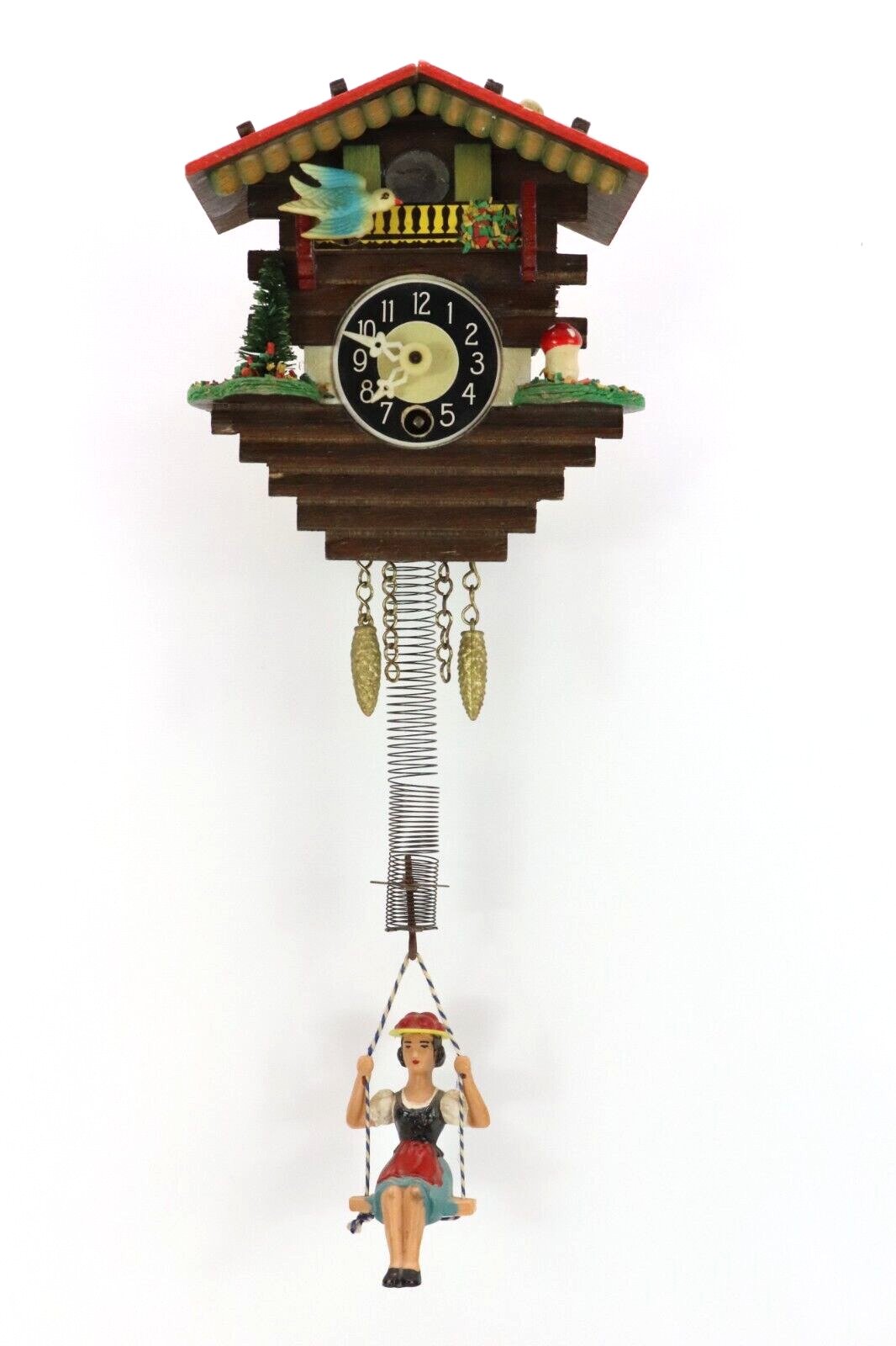 Vintage Wooden Germany Swiss Chalet Wall Clock w/Swinging Girl No Key