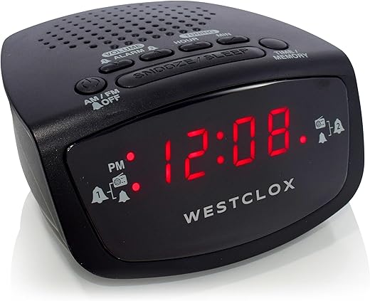 Westclox 80209 Red LED Display Dual Alarm Clock Radio with Easy Set Radio Tuning, black, 4.8 x 4 x 2 inches