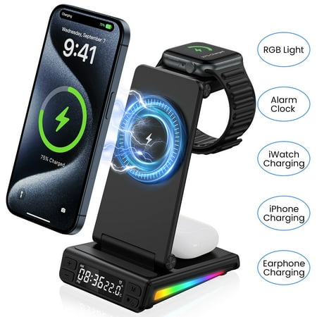 Wireless Charger for iPhone,HopePow 5 in 1 Portable Fast Magnetic Wireless Charger Stand Dock with Alarm Clock for iPhone Apple Watch Airpods Charging Station for Apple Multiple Devices