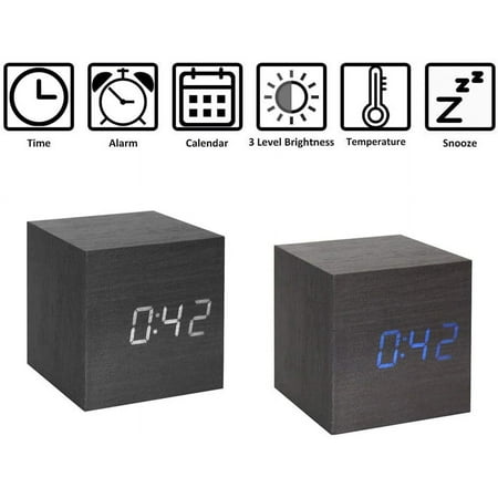 Wooden Alarm Clock - Mini Cube Led Digital Clock With Time/Date/Temperature Display[2257]