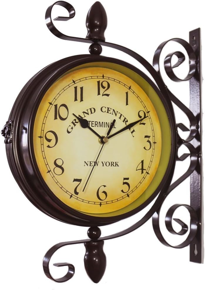 Wrought Iron Antique-Look Brown Round Wall Hanging Double Sided Two Faces Retro Station Clock Round Chandelier Wall Hanging Clock with Scroll Wall Side Mount Home Décor Wall Clock 8-inch