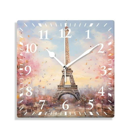 XNSJVGB 12 inch Square Wall Clock,Eiffel Tower Beautiful Rose Street Pattern,Silent Non Ticking Wall Clocks for Living Room Kitchen Bedroom