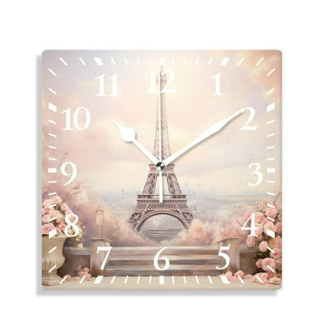 XNSJVGB 12 inch Square Wall Clock,Eiffel Tower Beautiful Rose Street Multicolor,Silent Non Ticking Wall Clocks for Living Room Kitchen Bedroom