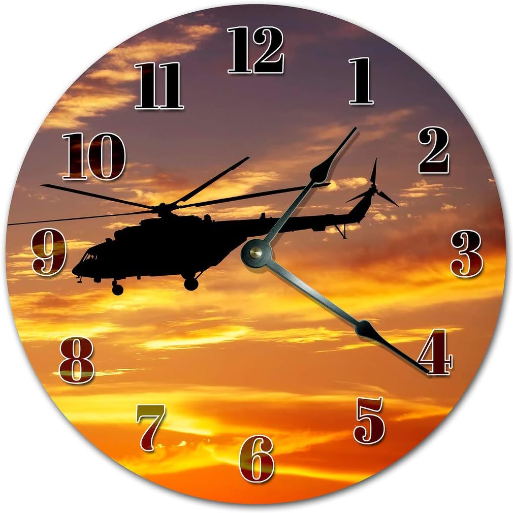 10.5 Silhouette of Helicopter ON Sunset Clock - Large 10.5 Wall Clock - Home Décor Clock