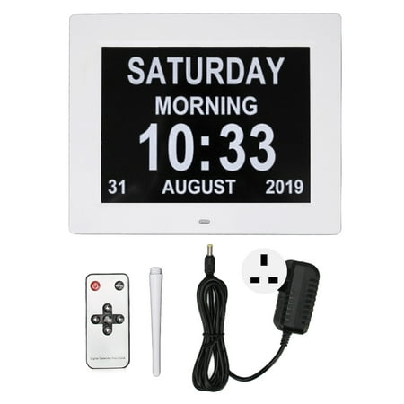 10 Digital Calendar Clock, Auto-Dimming, 8 Languages, Ideal for Elderly, 110-240V, White, UK Plug