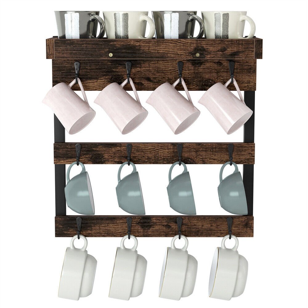 12 Hooks Wood Wall Mounted Coffee Mug Rack Storage Shelf for Kitchen Cafe Office
