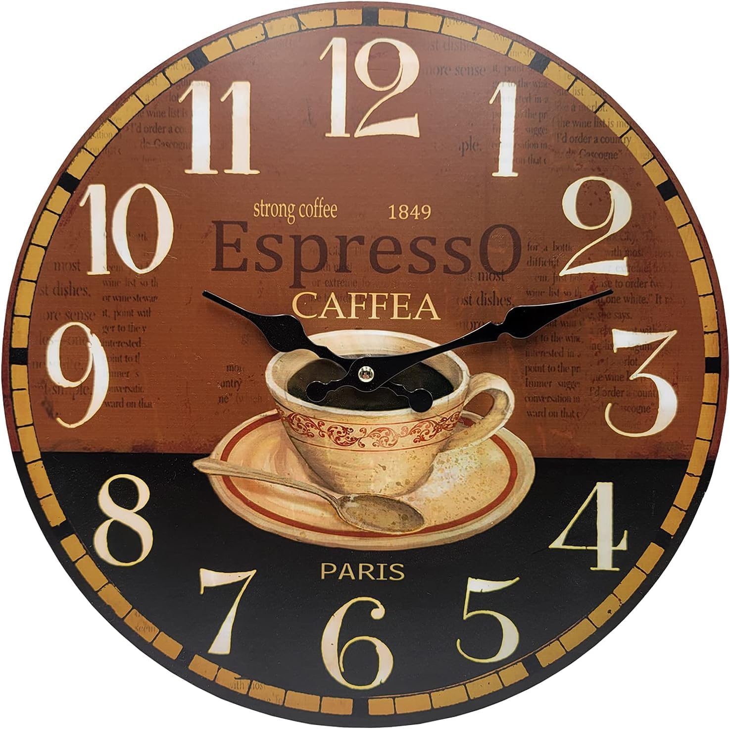 13 Inch Round Espresso Coffee Themed Frameless MDF Wall Clock for Kitchen, Cafe, Living Room, Office, Den | Ideal for Gifting on Father's Day, Birthdays & Mores