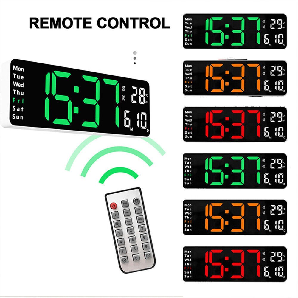 13" Large LED Digital Wall Clock Temperature Alarm Clock Countdown Date Display