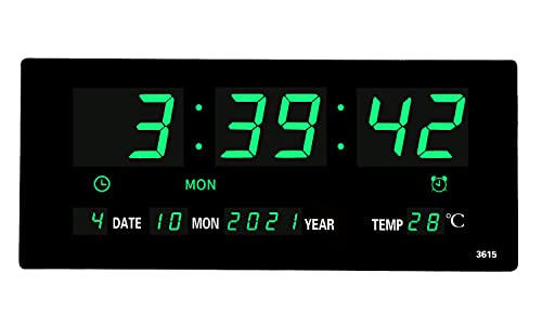 14.1 Inch Oversized LED Digital Wall Clock with Indoor Temperature, Seconds, Date, Day, Memory Function Adapter Included, Wall Decorative for Living Room, Office, Conference Room, Bedroom，Green