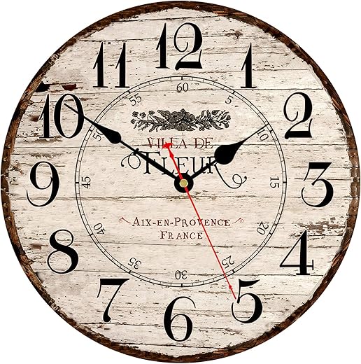 14 Inch French Country Wall Clock, Wooden, Battery Operated, Non-Ticking, Easy to Read, Decorative