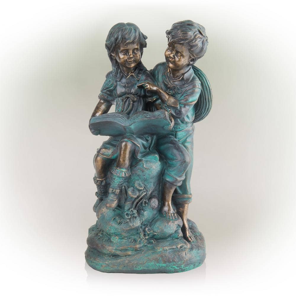 15 in. Tall Indoor/Outdoor Girl and Boy Reading Together Statue Yard Art...