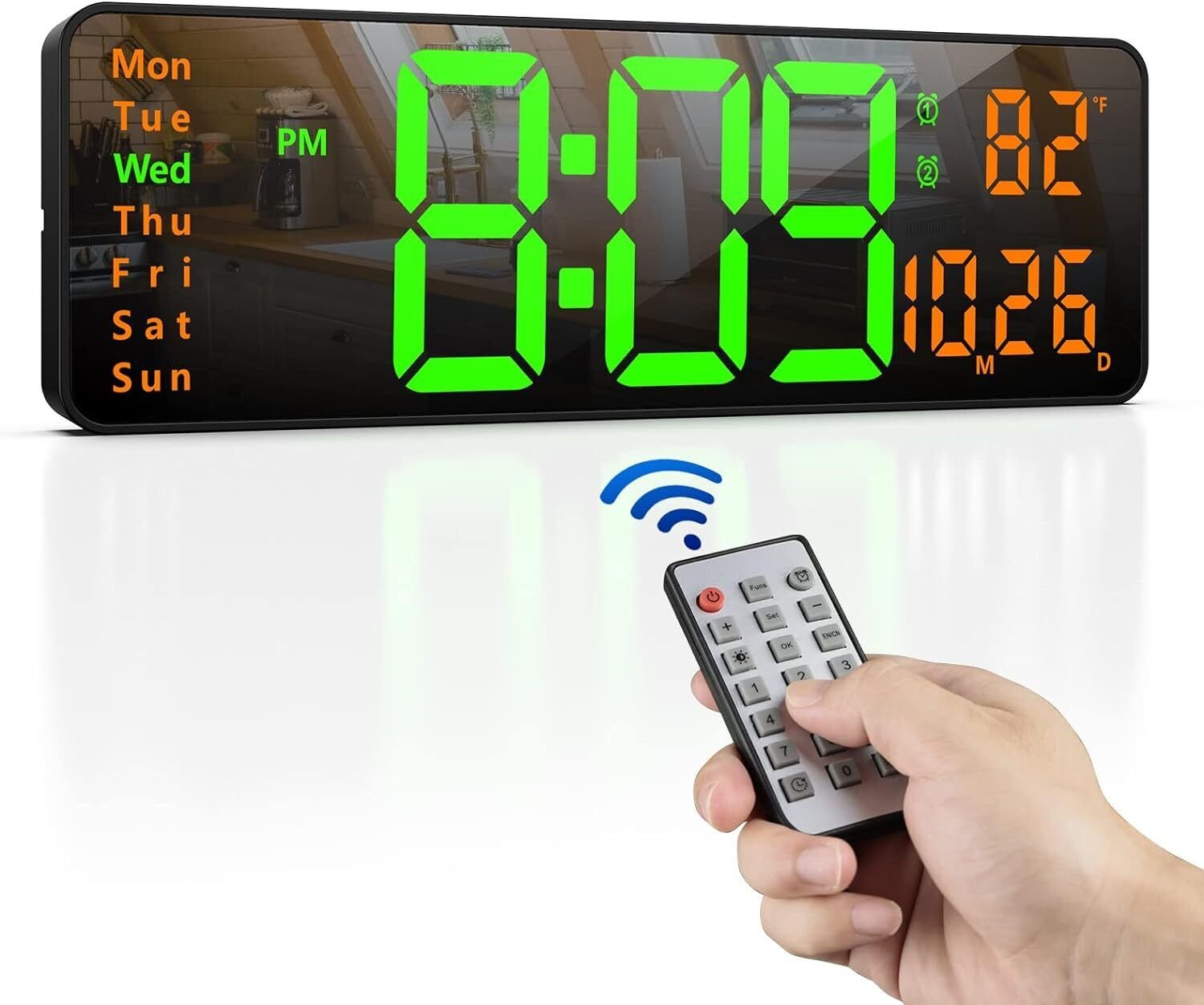 16" Large Digital Wall Clock with Remote Temperature Display LED Wall Clock