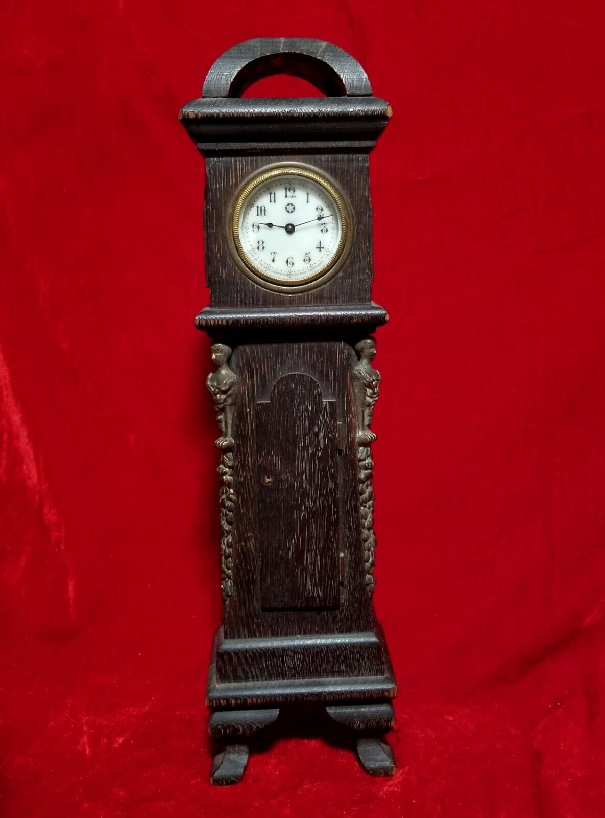 1850s-80s NEW HAVEN Artisan Wood Carved Miniature Grandfather DESK Antique Clock