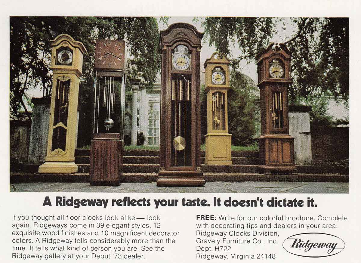 1972 Ridgeway Floor Clocks: Reflects Your Taste Vintage Print Ad
