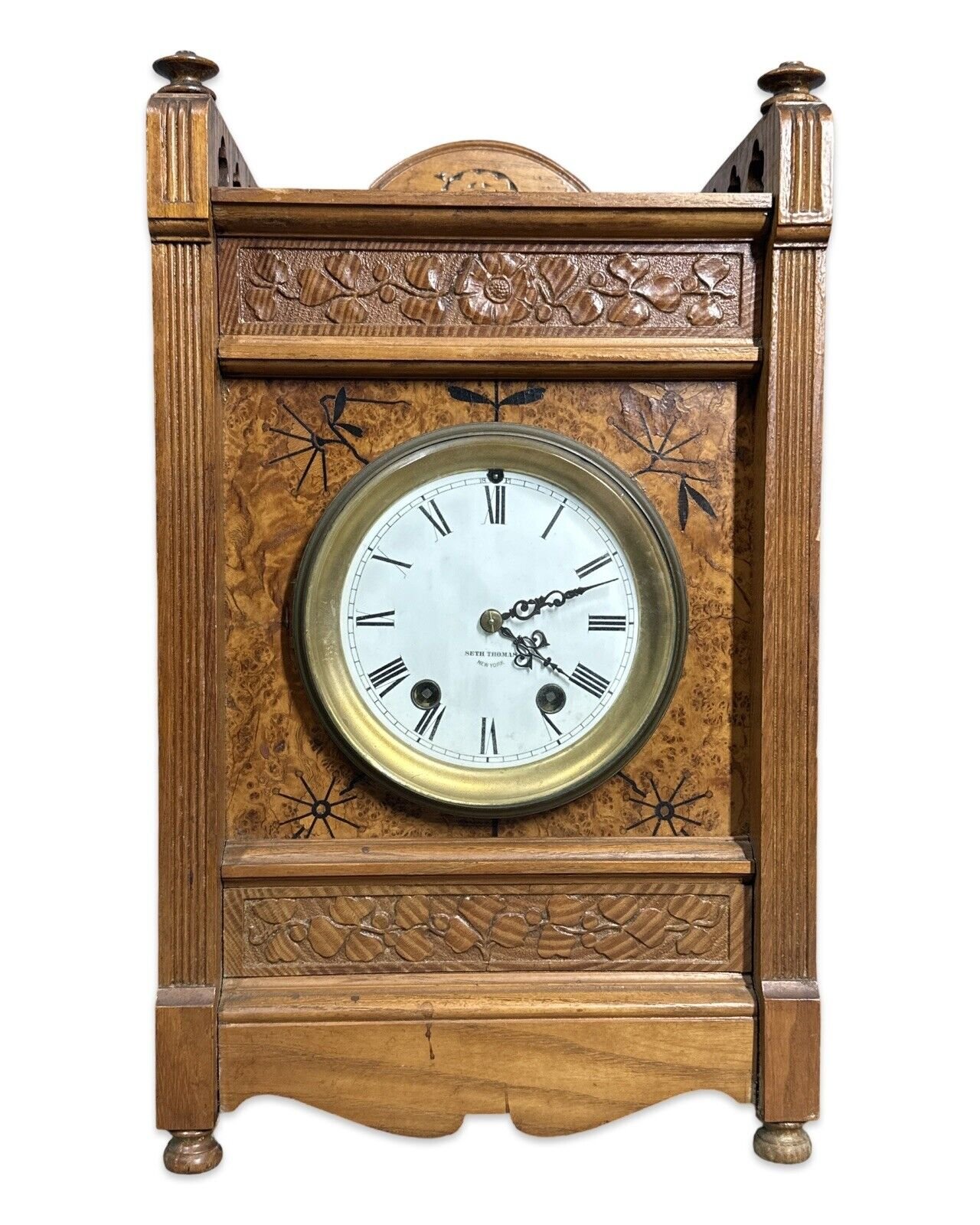 19thC Antique VICTORIAN EASTLAKE Old Wood CARVED Flower ANSONIA MANTEL CLOCK