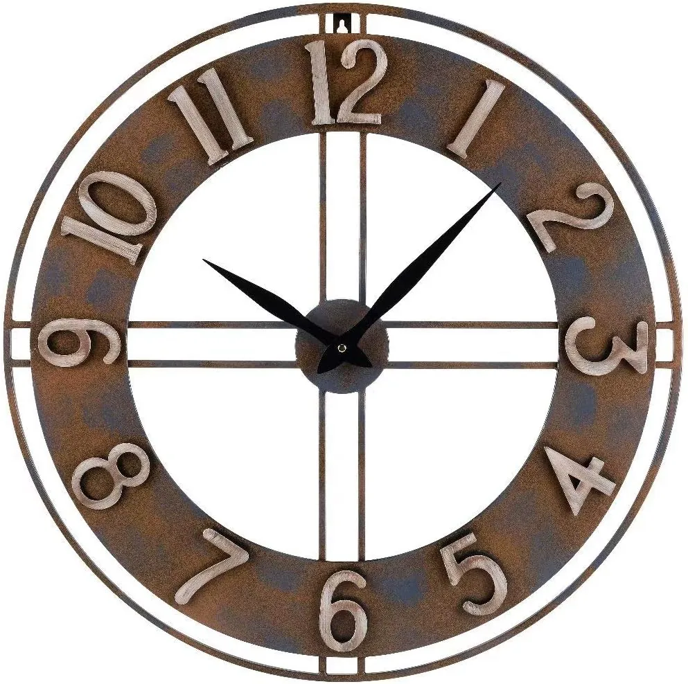 23.6-Inch Oversized Rustic Vintage Metal Silent Non-Ticking Battery Operated Decorative Wall Clock with Large Arabic Numerals