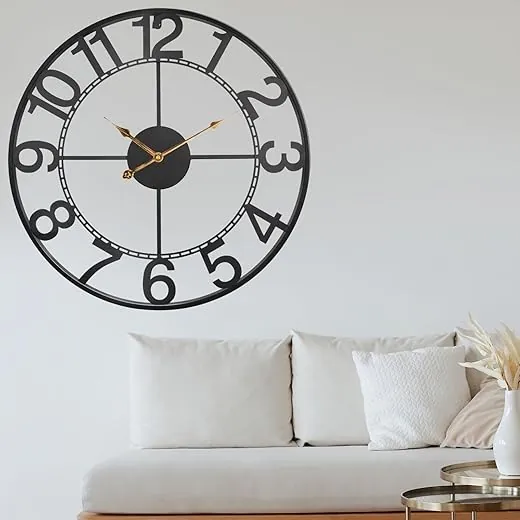 24 Inch Large Black Metal Wall Clock for Living Room Decor, Silent Non Ticking Analog Wall Clock Battery Operated, Modern Metal Wall Clock for Bedroom, Kitchen, Office - Arabic Numerals