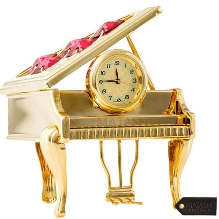 24K Gold Plated Vintage Piano Desk Clock with Red Crystals