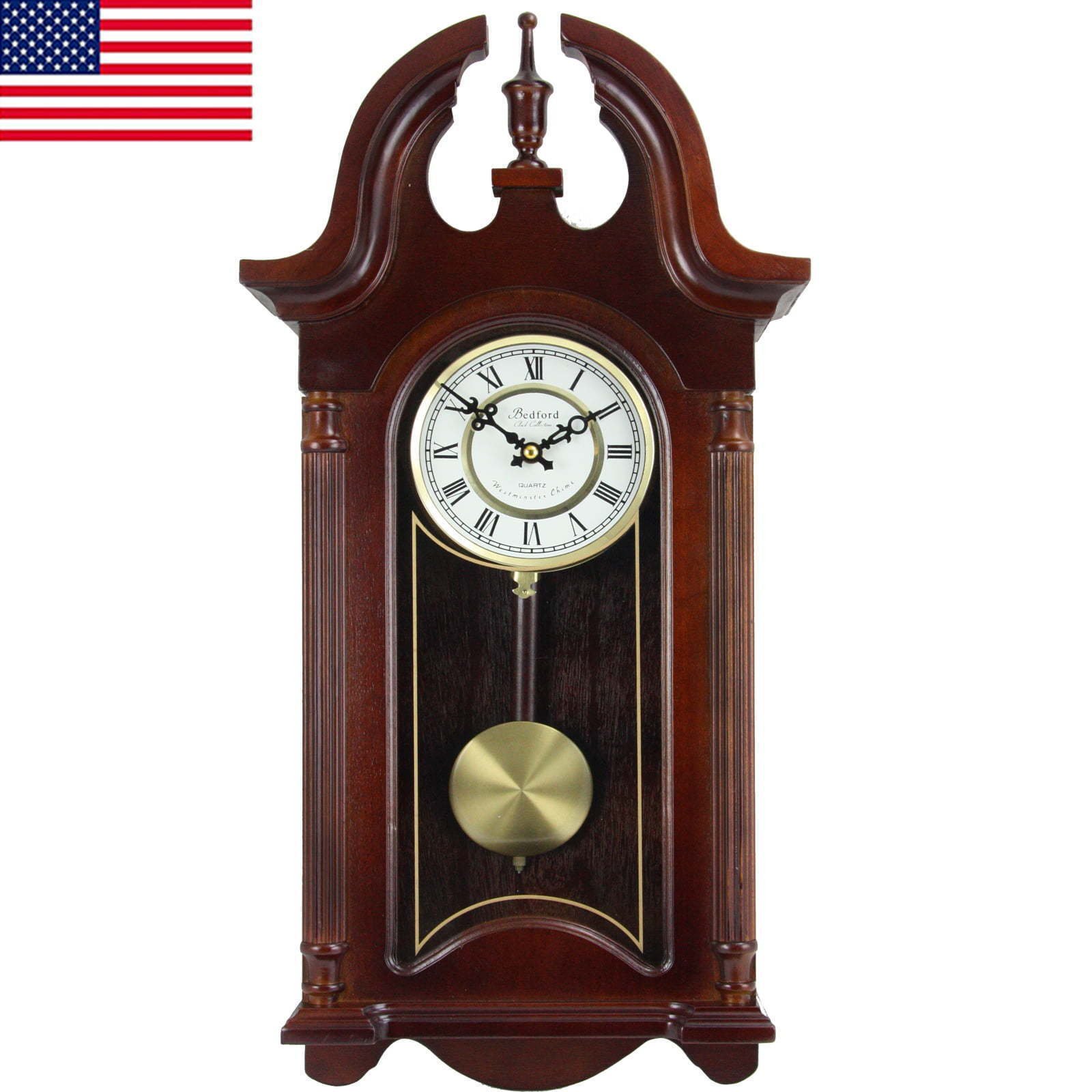 26.5" Wall Clock Colonial Mahogany Cherry Oak Finish Chiming W/ Roman Numerals