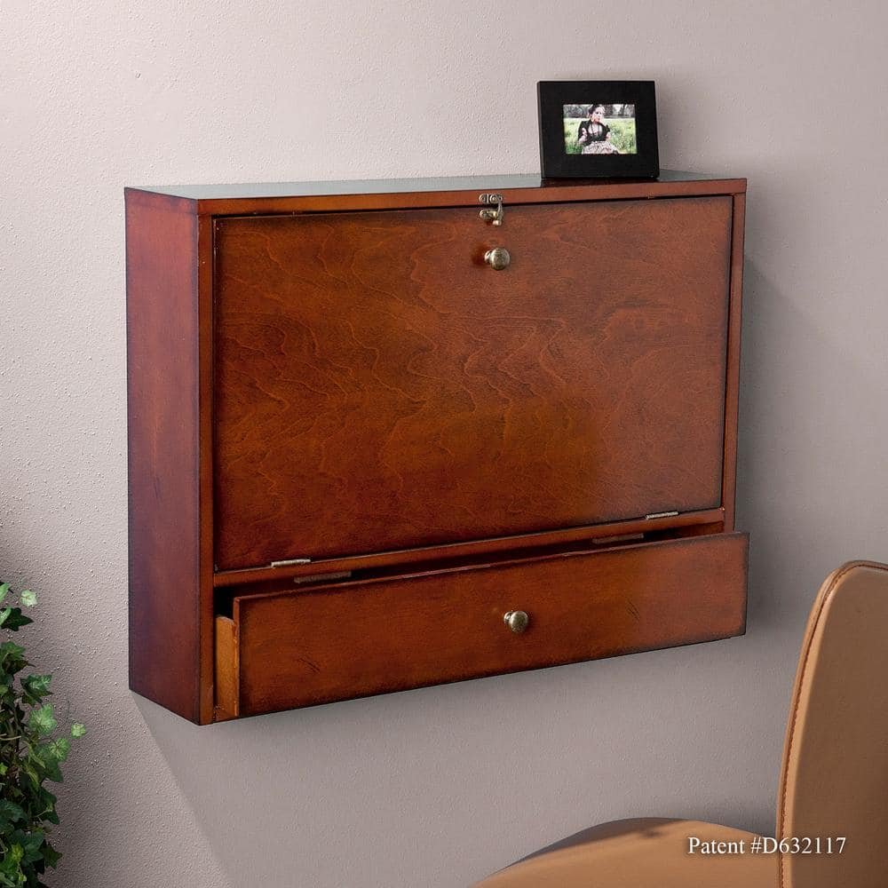 26 in. Mahogany Brown Rectangular 1 -Drawer Floating Desk with Wall Mounted...