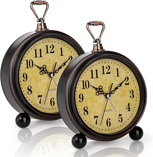 2 Pack Vintage Analog Alarm Clock, 5 Inch Silent Non Ticking Desk Clock, Battery Operated Small Bedside Clock, Decorative Round Table Gift Clock for Bedroom, Living Room, Office, Room Decor