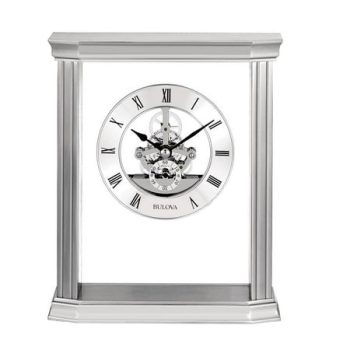 Cafe Skeleton table clock in silver with glass accents. Quartz movement and Roman numerals