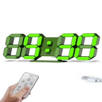 COVERY Green Digital Wall Clock, 3D LED Desk Clocks, 10 '' Large Numbers, One-Touch Light Switch for Girl Room - Alarm, Snooze, Temperature, Wireless Remote, Nightlight, Auto Brightness Lights